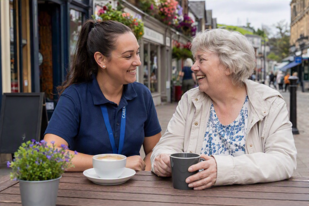 Companion sharing coffee and conversation with elderly person at home in Bayside Melbourne